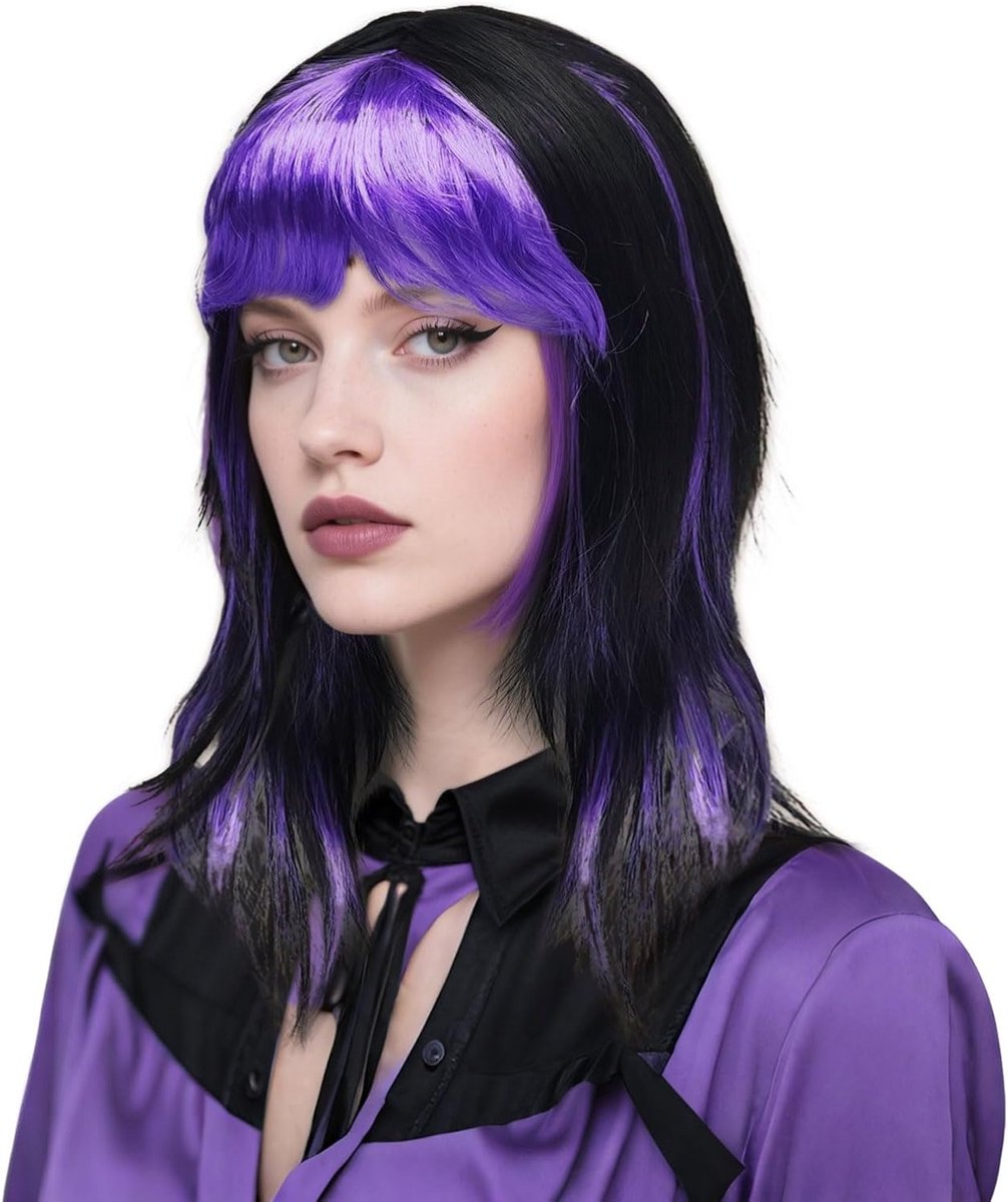Rechtdoorzichtige Zwarte en Paarse Heksenperruque voor Vrouwen - Perfect voor Halloween, Carnaval en Verkleedpartijen