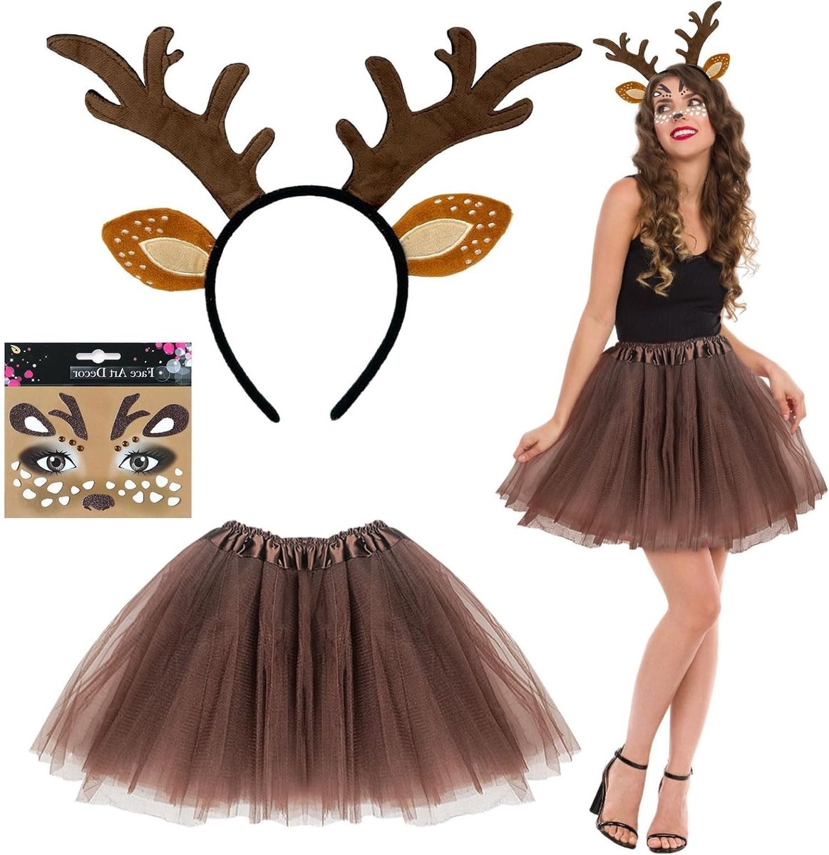 Driedelige Kostuumset met Rendier Hoofdband en Oren voor Vrouwen - Perfect voor Carnaval, Halloween en Cosplay met Tutu en Geweien