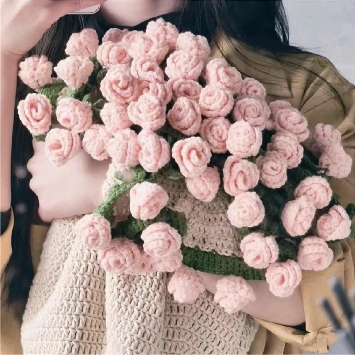 Crochet Flower Bouquet Blanket Handmade Art Craft Kit, Crochet Flowers Rose Bouquet Blanket Soft Rose Flower Bouquets Couch Bed Blankets, Yellow Lily of the Valley, 70CM(B)