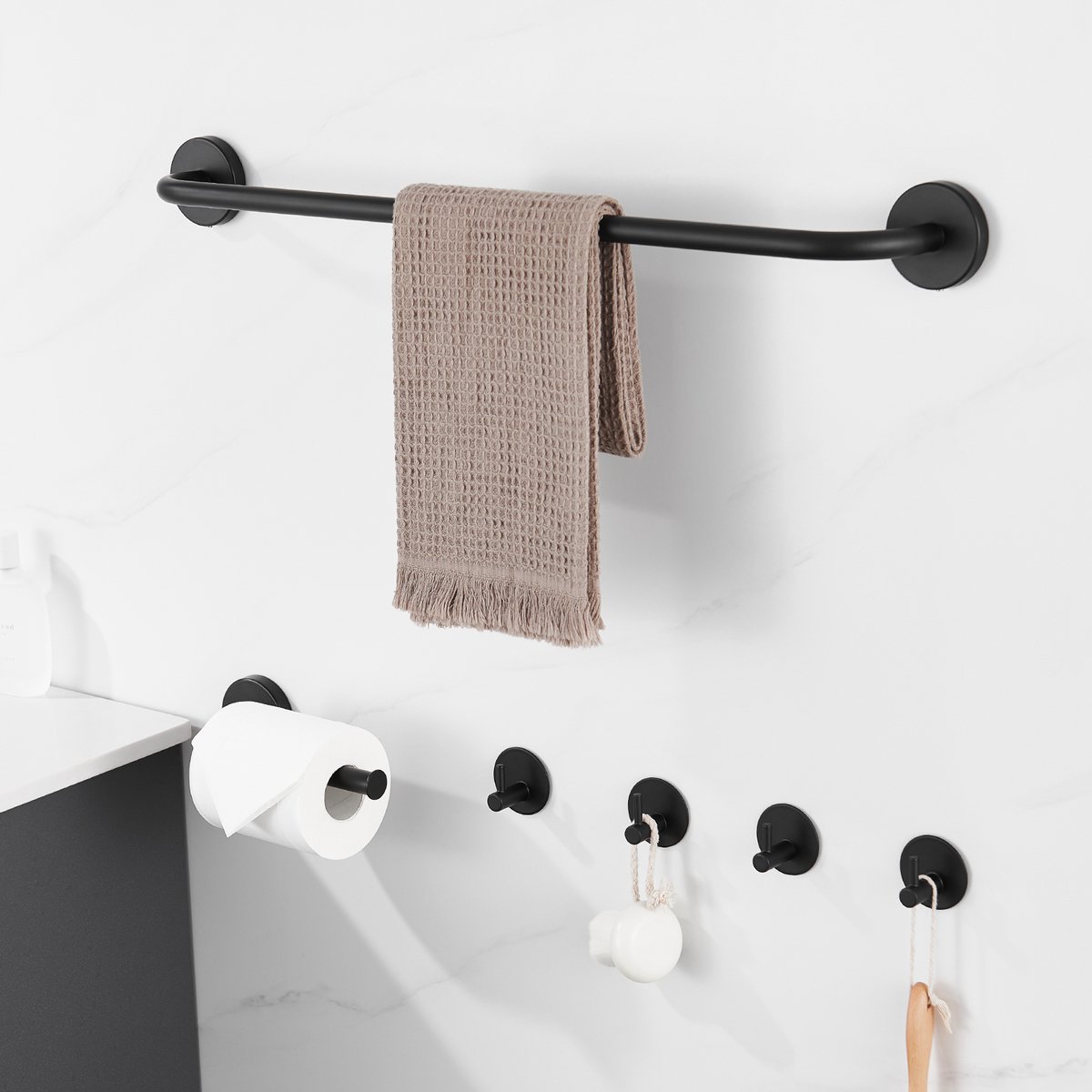 Auramlum Max Handdoekhouder set - Handdoekhaakjes - Zonder boren - Toiletrolhouder - RVS - Set van 6 - Badkamer aanwezig - Zwart