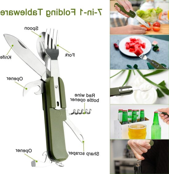 Multifunctionele Vouwbare Bestekset, 7-in-1 Camping Cutlery, Outdoor Survival, Reisbestek, Vouwbaar RVS Bestek met Opbergtas voor Kamperen en Wandelen, Ideaal voor Avontuurlijke Reizen — afbeelding 2