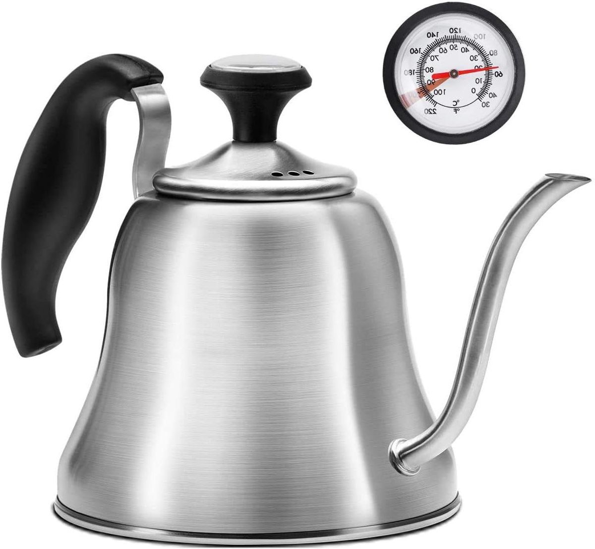 Waterkoker Kookplaat - Theeketel Zwanenhals - Koffie Zetten - Met Ingebouwde Thermometer - 1.2 Liter - Geborsteld Staal