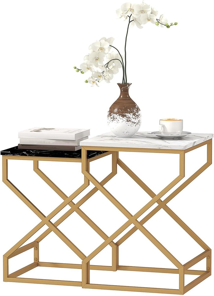 Set bijzettafels - Nestende tafels - Woonkamer inrichten - Ruimtebesparend ontwerp - Grootste 40x40x55cm - Zwart Wit Goud