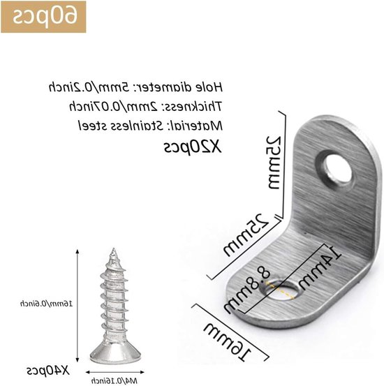 L-vormige Hoekconnectoren - 20 Stuks Hoekbeschermers voor Planken met Schroeven, Ideaal voor Meubelondersteuning en Verbindingen, 25 * 25 * 16mm — afbeelding 2
