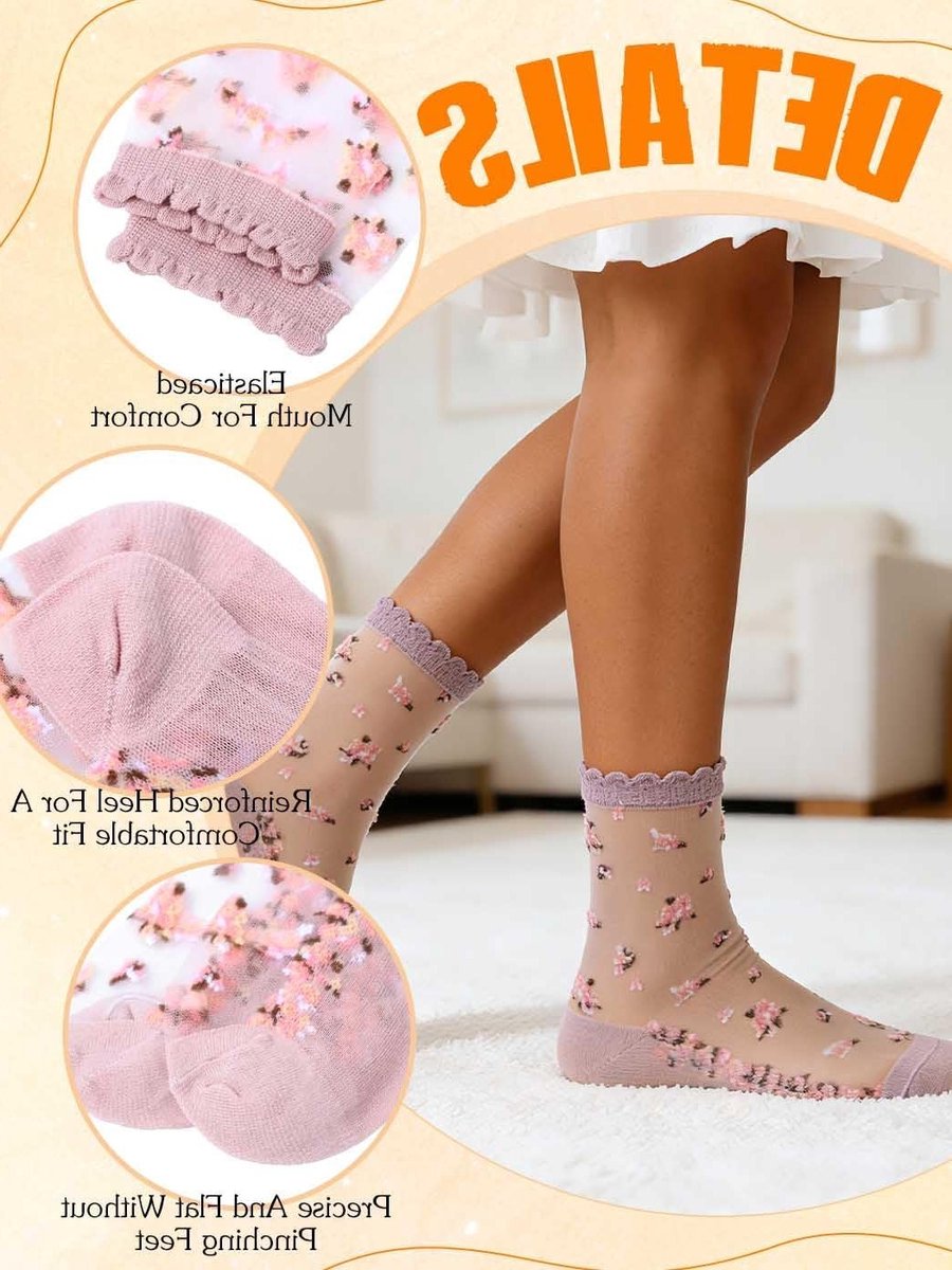 Dunne Transparante Sokken met Bloemen en Ruffles voor Dames - 5 Paar Nylon Kousen voor Elke Gelegenheid