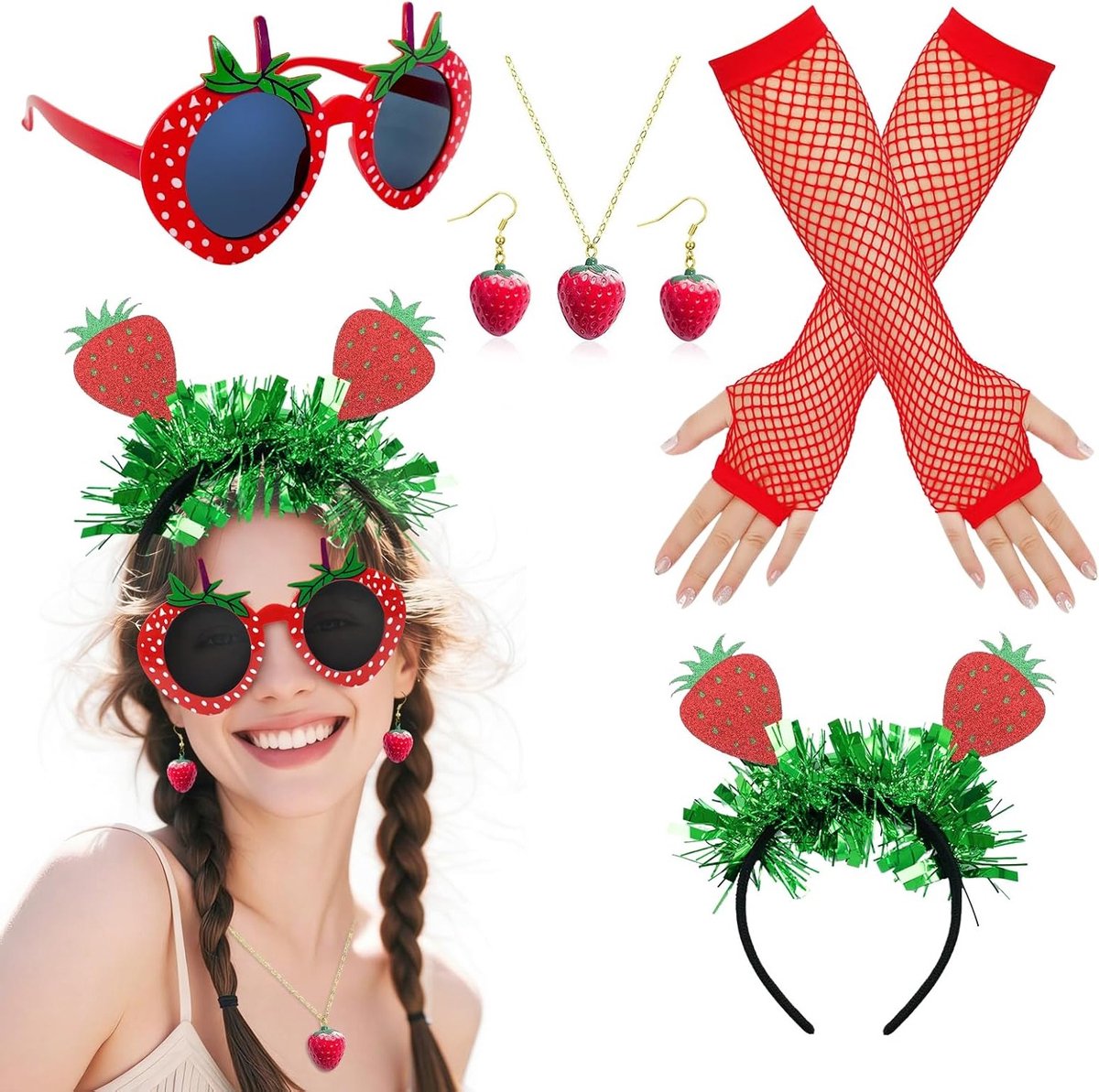 Vrouwelijk Aardbeien Kostuum met Hoofdband, Oorbellen, Ketting, Bril en Handschoenen voor Halloween en Carnaval