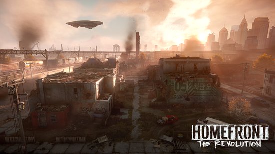 Stad met rook en gebouwen in Homefront The Revolution.