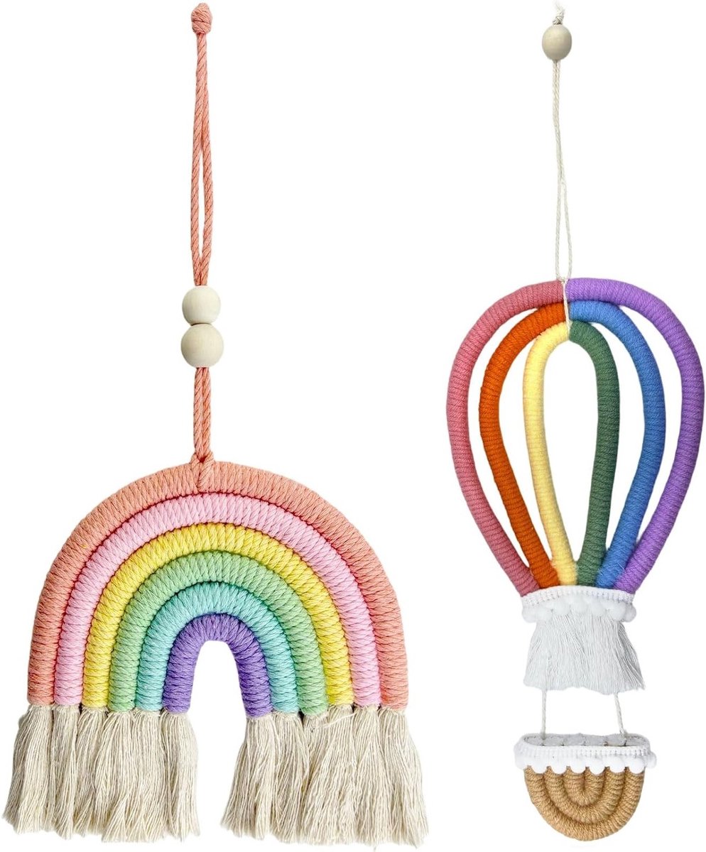 Handgeweven macramé wanddecoratie in regenboogstijl voor bohemian kinderkamer, set van 2 stuks
