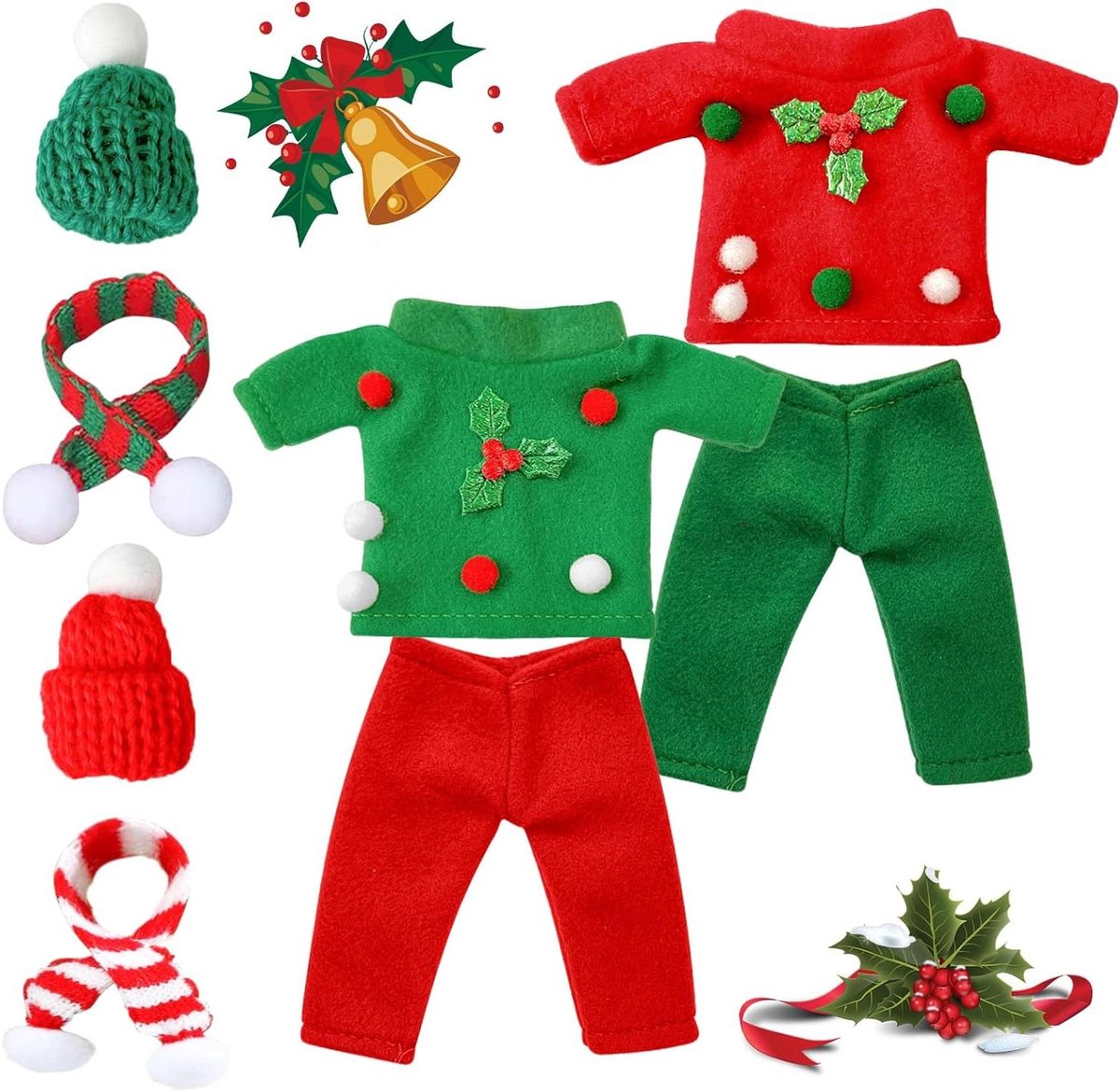 Poppenkleding Set - Elf Kostuums - Poppen Aankleden - 8 Delige Set - Klein - Rood en Groen