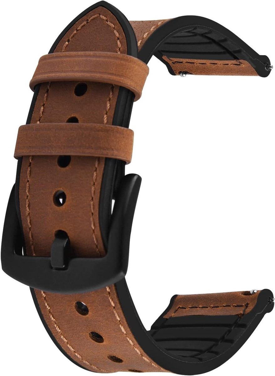 Leren en Siliconen Horlogeband 22mm voor Smartwatches zoals Samsung, Huawei en Garmin - Bruin met Zwarte Gesp