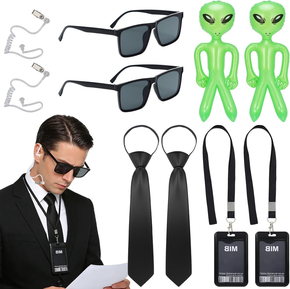 Complete Set van 12 Stuks Agent Kostuum Accessoires voor Spionnen, Inclusief Zwarte Zonnebril, Stropdas, Hoofdtelefoon en ID Kaart voor Feestjes en Verkleedpartijen