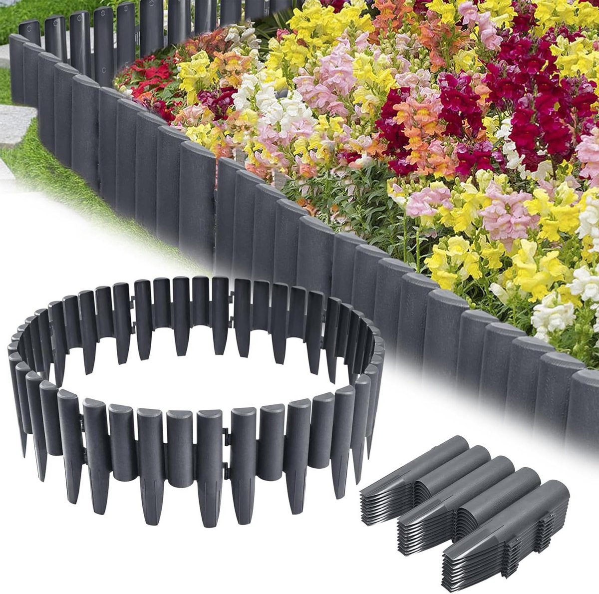 Kunststof Gazonrand - Tuinpalissade Perkrand - Tuin Opruimen - Imitatie Houtstructuur - 10 stuks 28 m - Antraciet