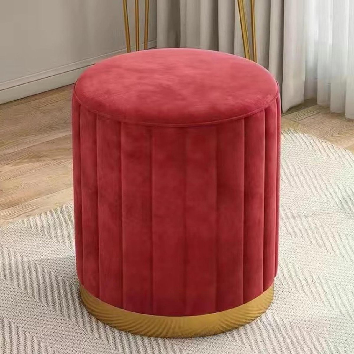 Ronde fluwelen opbergpoef met vergulde basis voor woonkamer, slaapkamer of winkel (rood, niet-opslag 33 x 41,9 cm)