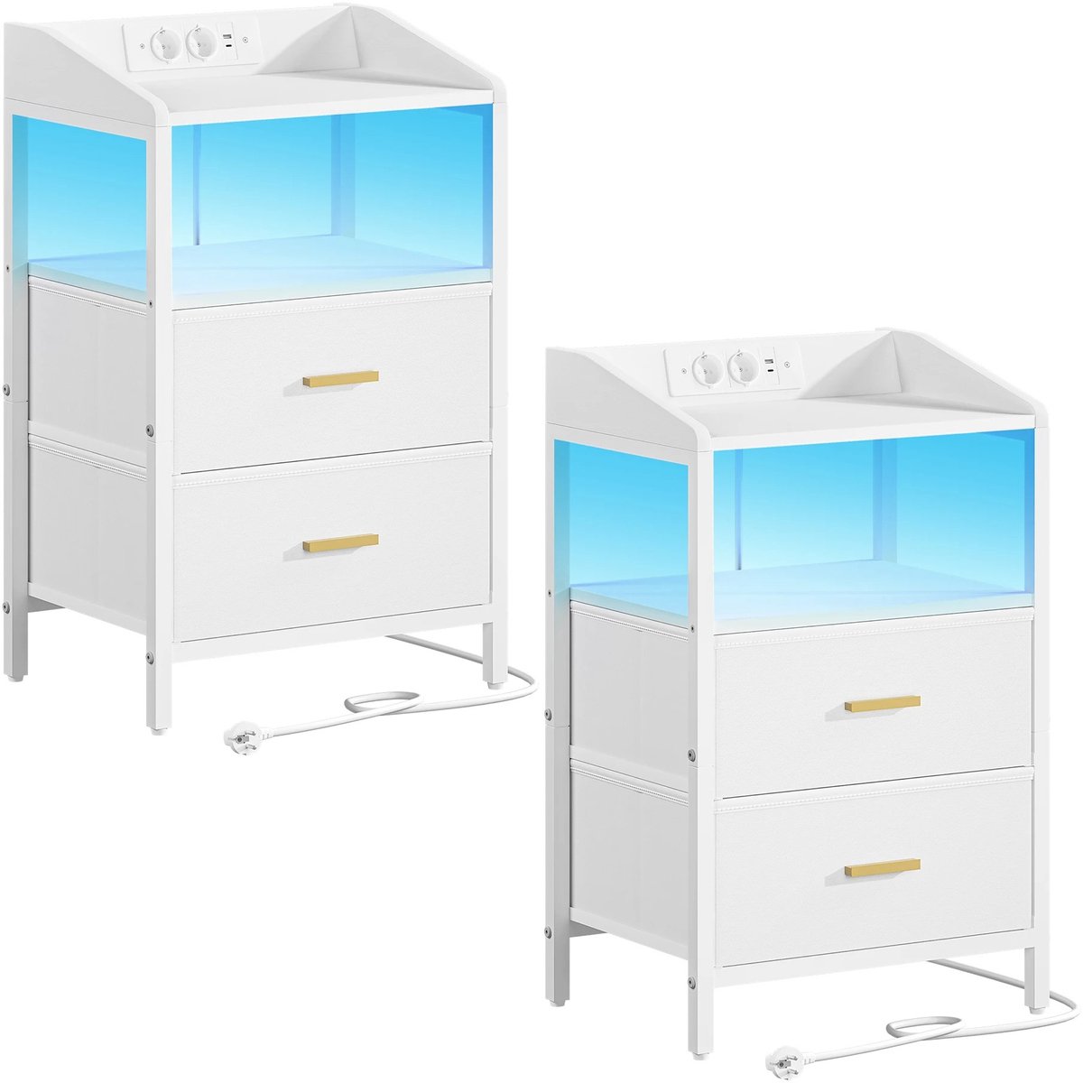 Solvix nachtkastjeSolvix Nachtkastje – Nachtkastjes Set van 2 – Nachtkastjes Industrieel – Met LED Verlichting en Oplaadstation – Bijzettafel met Lades en Planken – Wit