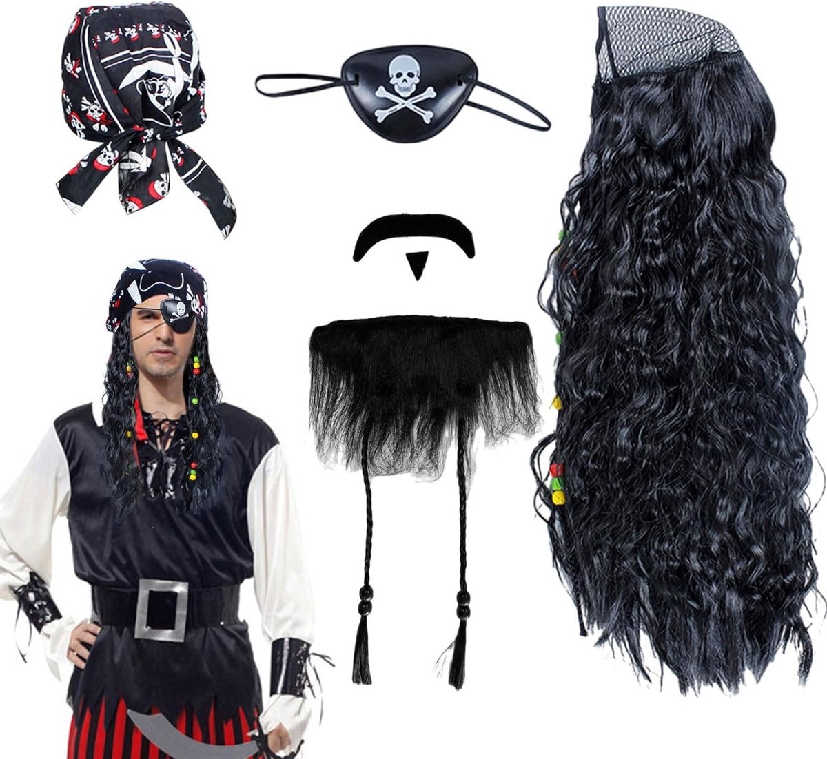 4-delige zwarte piratenkostuum set voor volwassenen en kinderen met piratenhoed, baard en ooglapje voor Halloween en carnaval