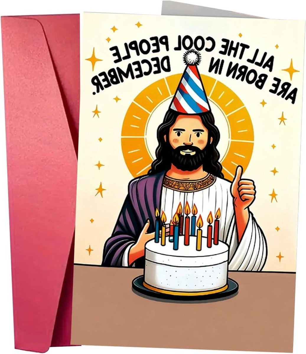 Verjaardagskaart Jezus - Humoristische wenskaart - Feestelijke groet - Grappig cartoonontwerp - 15 cm lang - Rood