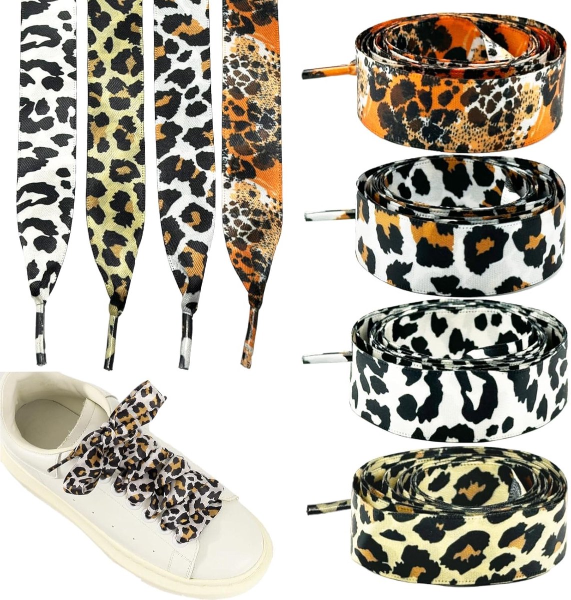 Leopard Print Satijnen Veters - 4 Paar Platte Laces van 120 cm voor Sneakers, Boots en Casual Schoenen voor Dames