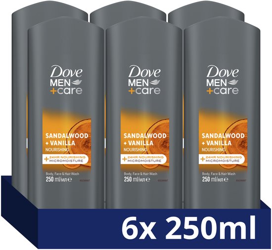 Dove Men+Care 3-in-1 Douchegel - Sandalwood + Vanilla - met 24H MicroMoisture technologie voor extra hydratatie van de huid - 6 x 250 ml