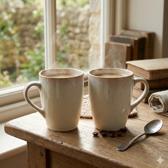 Twee witte mokken met glanzende bruine rand, gevuld met koffie, naast een tafel.