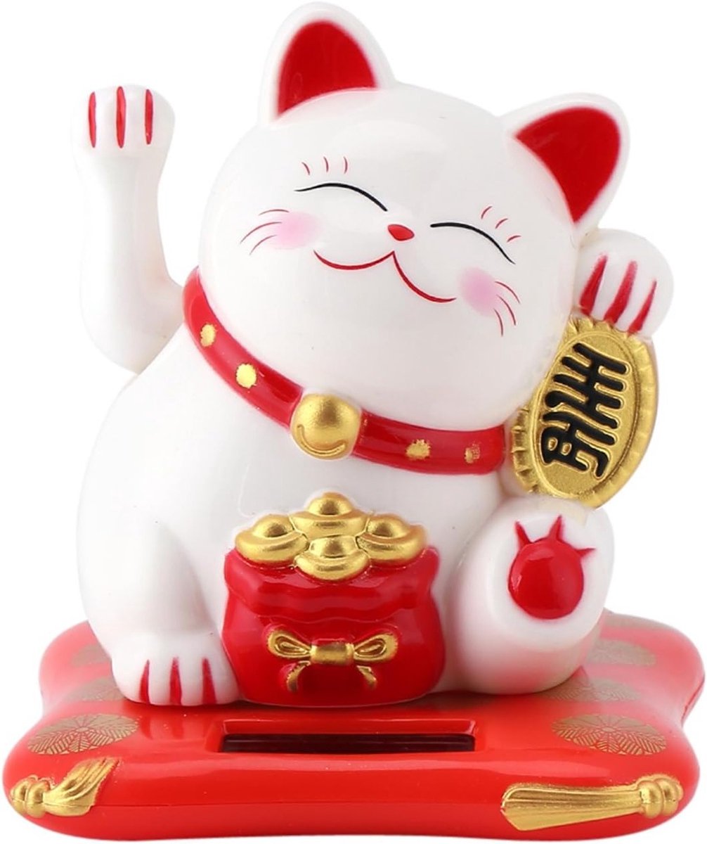 Chinese Waving Cat Feng Shui Gelukskat met Beweegbare Arm voor Auto Decoratie en Thuis (7 x 6.5 x 7.5 cm) - Geluk, Decoratie, Feng Shui