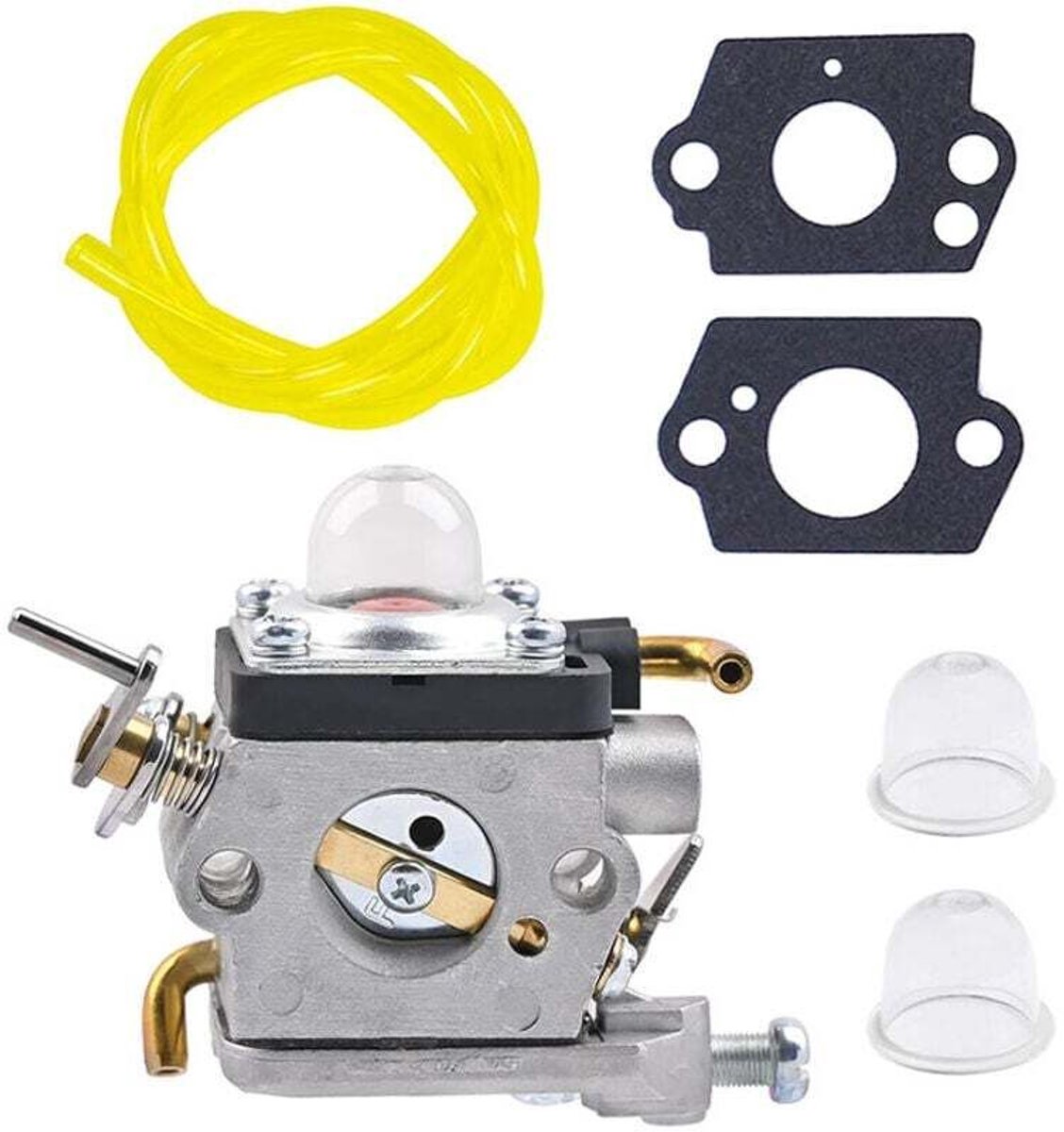 Carburateurrevisiesets 523012401 en 596658301 geschikt voor Husqvarna 122HD45 en 122HD60 grasmaaiers, inclusief pakkingen, slangen en oliebeluchters.
