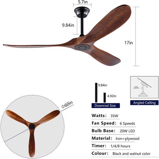 60″ Houten Plafondventilator Walnoot Zwart Stil DC-Motor 6 Snelheden Afstandsbediening Timer