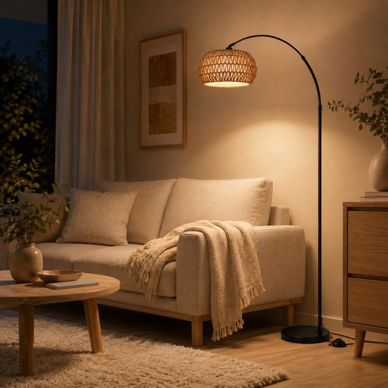 Rosnek Slimme Booglamp met Rotan Kap - Traploos Dimbare Arc Vloerlamp - E27-fitting - Zware Marmeren Voet - Bohemian & Industrieel - Bediening via App