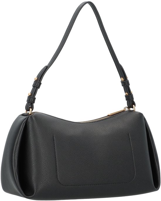 Zwarte DKNY schoudertas met verstelbare band, goudkleurig logo en ritssluiting.