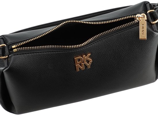 Zwarte DKNY handtas met goudkleurige rits en logo.