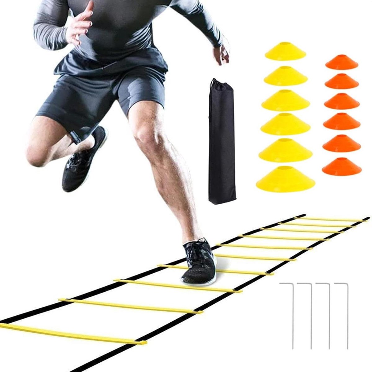 Behendigheidsladder - Trainingsladder Speedladder - Sportprestaties Verbeteren - Verstelbare Afstand Tussen Sporten - 6 meter - Zwart met Geel