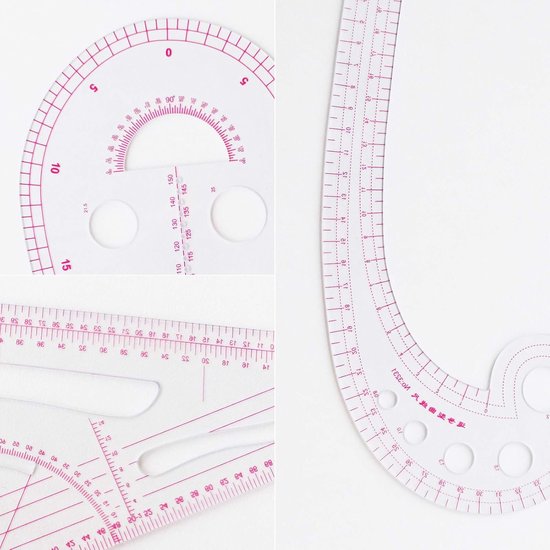 Close-up van diverse transparante, roze naaipatronen linialen met schalen.