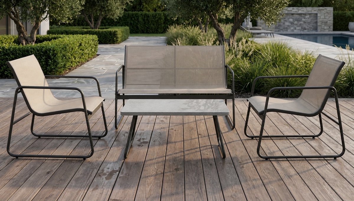 Grand Luxe 4-delige Tuin Loungeset van Staal en Textilene met Glazen Salontafel – Weerbestendige Balkon- en Tuinmeubelset voor Buiten – Industrohome
