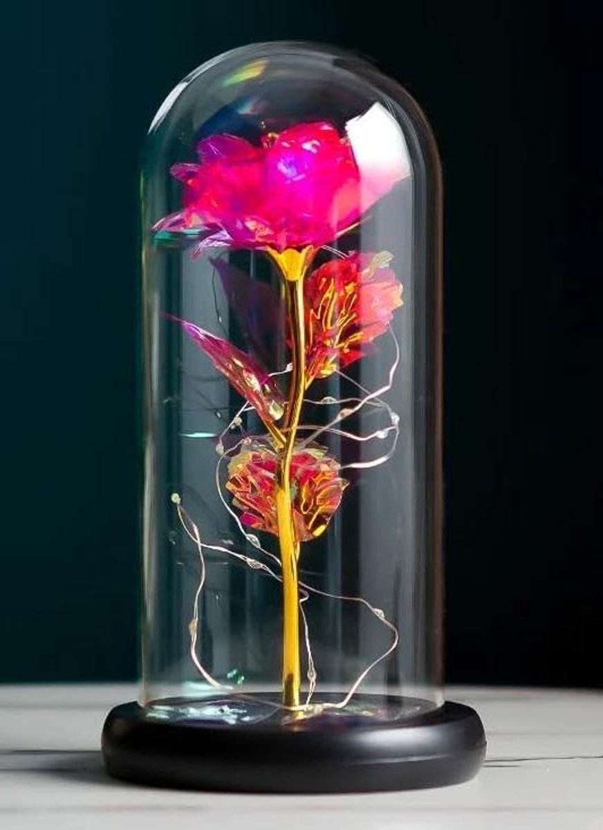Gepreserveerde Roos - Eeuwige Bloem - Cadeau Geven - Met LED Verlichting - 20 cm Hoog - Roze