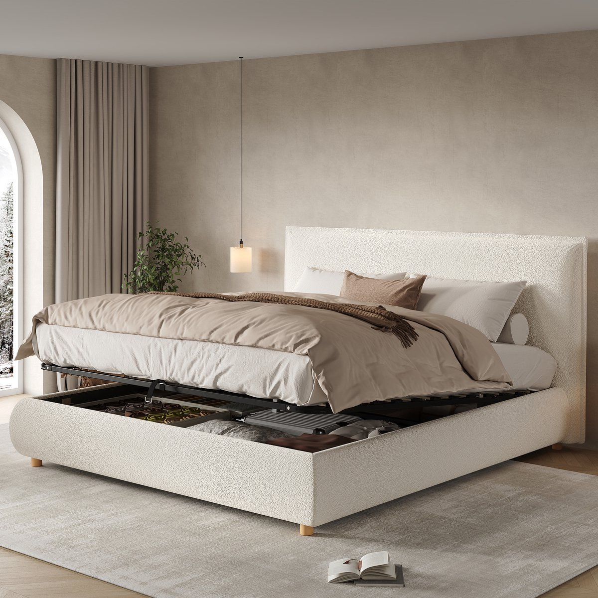 FloraGrace Gestoffeerd Bed 180x200 cm - Hydraulische Opbergruimte - Met Lattenbodem en Hoofdbord - Zonder Matras - Bouclé - Wit