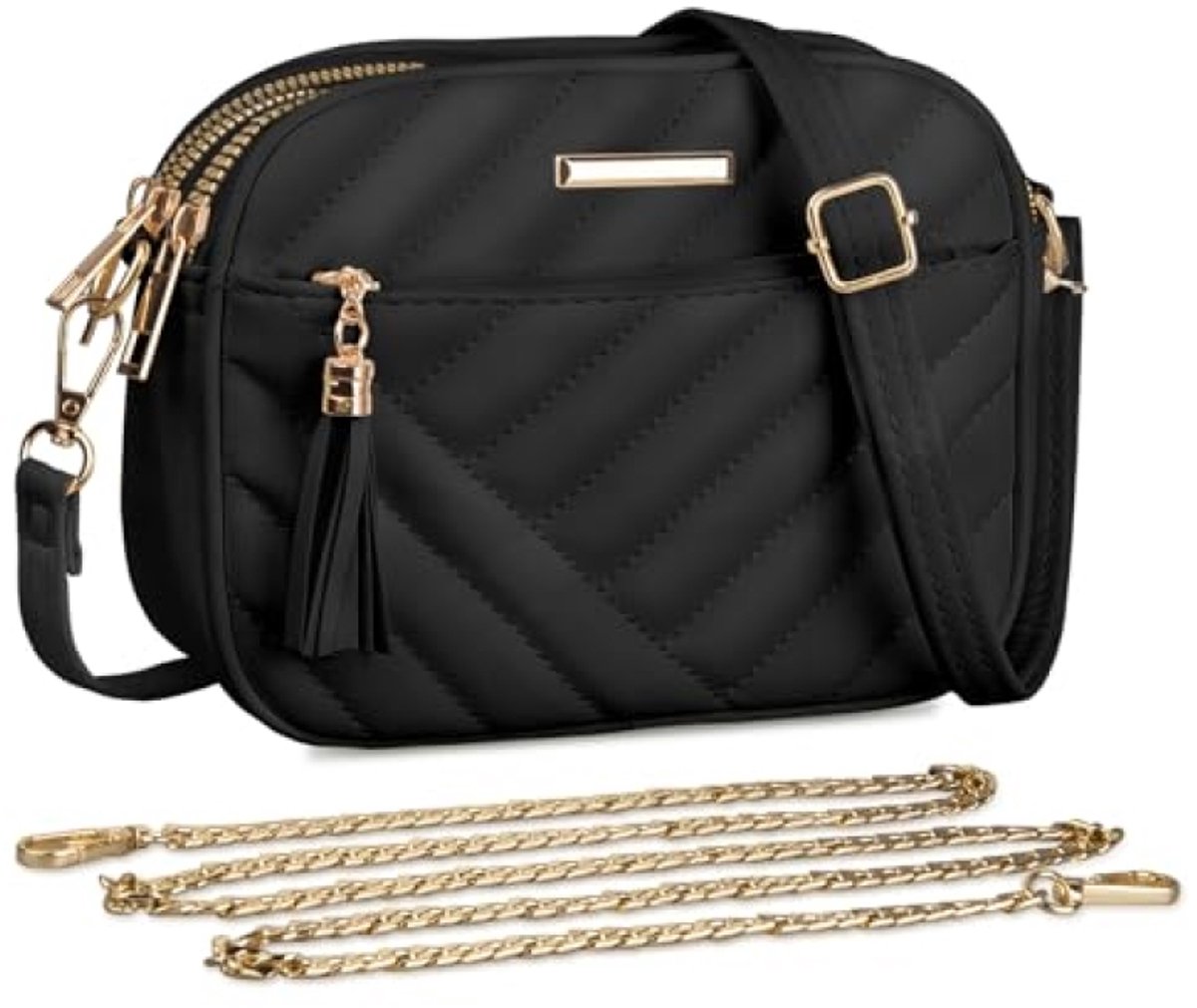 Crossbody tas voor dames, kleine handtas van imitatieleer met 2 afneembare riemen en telefoonvak, Zwart, 21 x 15 x 8 cm
