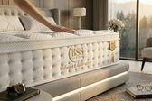 Een hand raakt het witte BSS Bedding matras aan dat op een beige bed met verlichting staat.