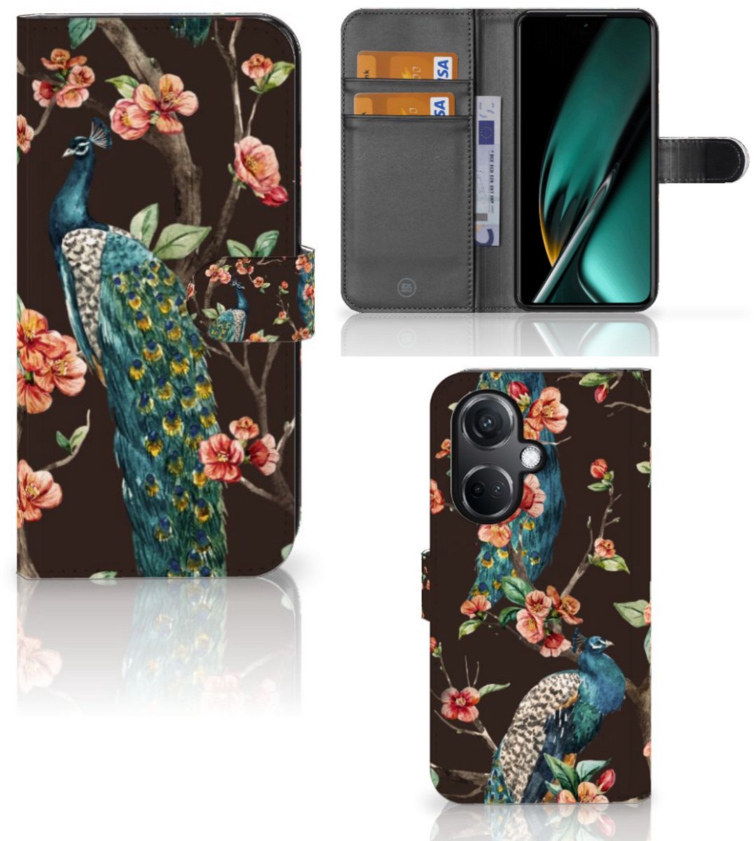 OnePlus Nord CE 3 Telefoonhoesje met Pasjes Pauw met Bloemen
