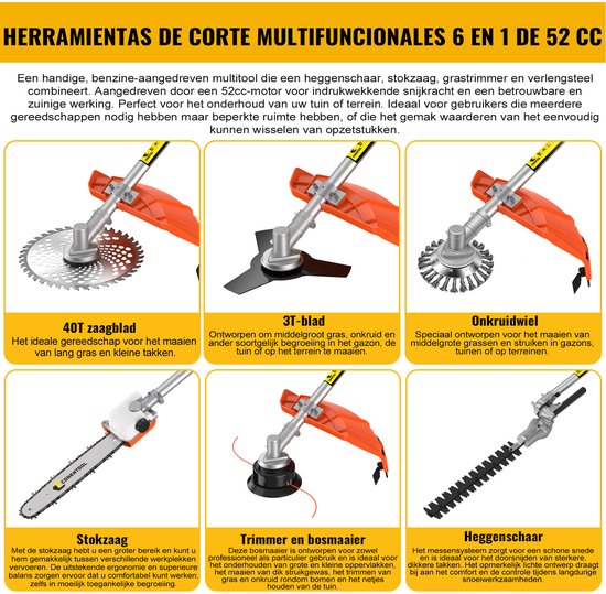 CONENTOOL 52CC 6-in-1 Benzine Multitool - Bosmaaier, Kettingschaar, Heggenschaar, Stokzaag, Verlengstuk - 2-takt Tuingereedschap van Merkloos	 — afbeelding 3
