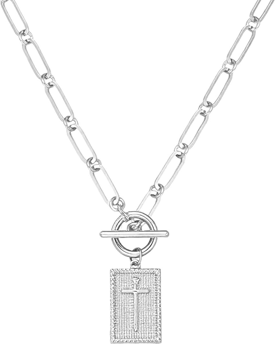 Zilveren Kruis Ketting - Kruis Hanger - Religieuze Sieraden - Aanloopketting Sluiting - 8.1 x 8.1 x 1.9 cm - Zilver