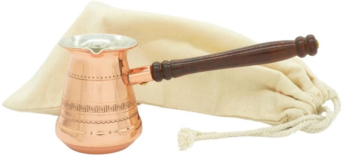 Cu29 - Koperen Koffiepot BRIKI - 200ml - Griekse Ornamenten - Houten Handvat