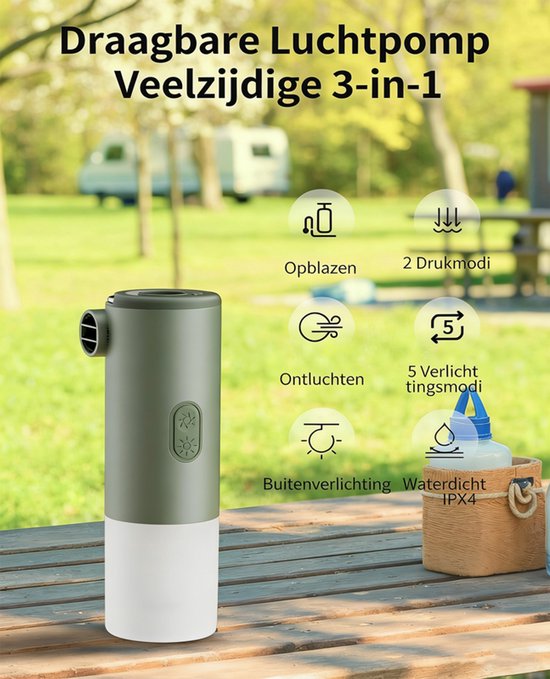 Elektrische luchtpomp met campingzaklamp; kan gebruikt worden als ontluchtingspomp op de camping, als opblaaspomp voor luchtmatrassen in het zwembad of als draagbare luchtpomp voor op reis (groen). van Merkloos — afbeelding 3