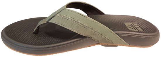 Zwarte slipper met olijfgroene band, Reef logo op de zool, detail van stiksels.
