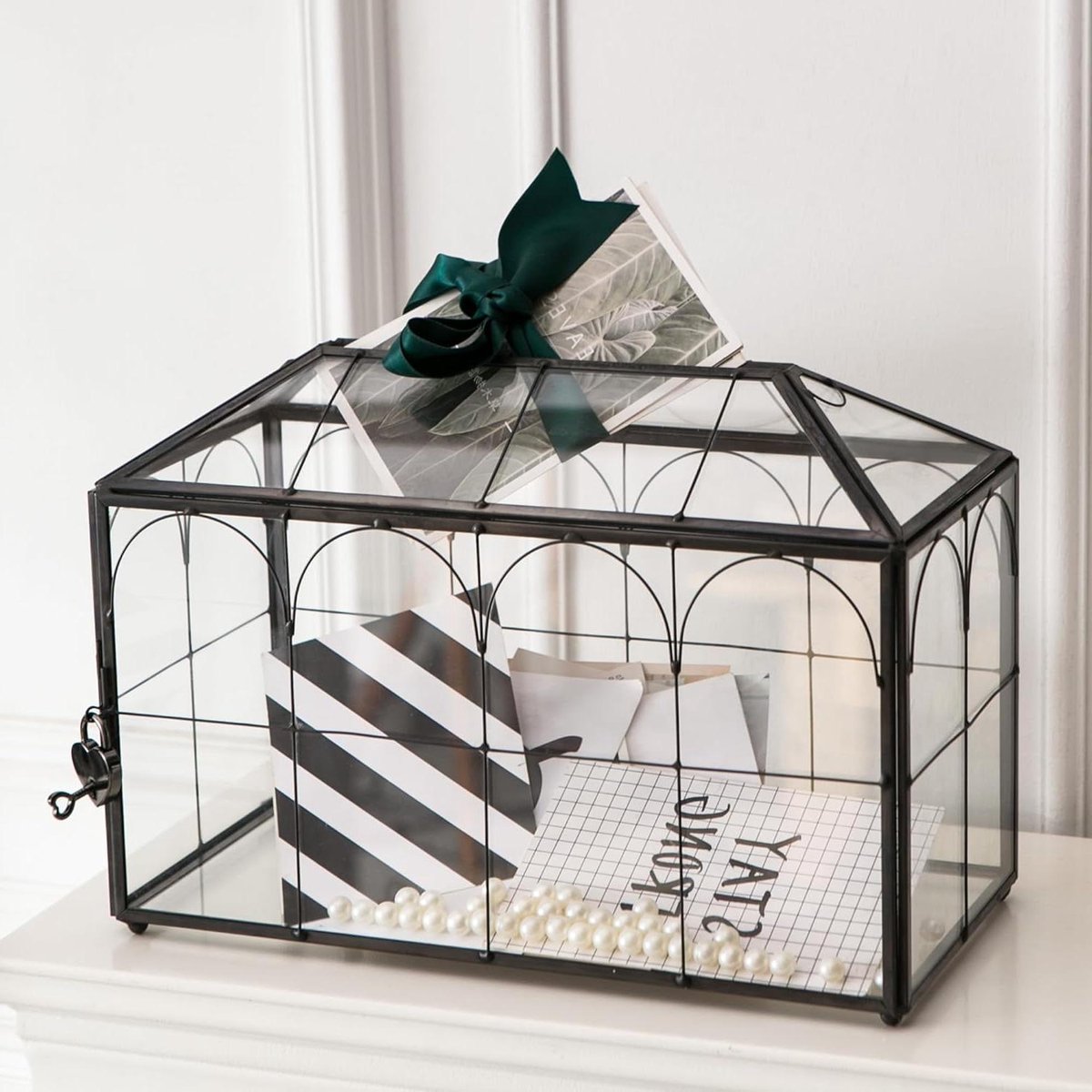 Trouwkaartdoos met sleuf - Kaartendoos receptie - Kaarten veilig bewaren - Zwart glazen design - 30 cm - Zwart