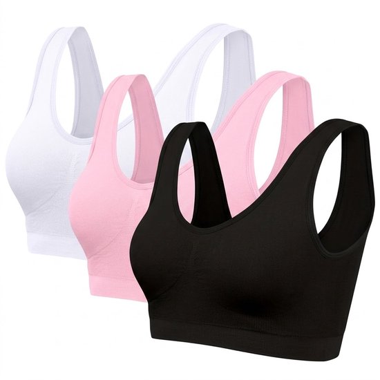 Set van drie naadloze sportbeha's in zwart, roze en wit.