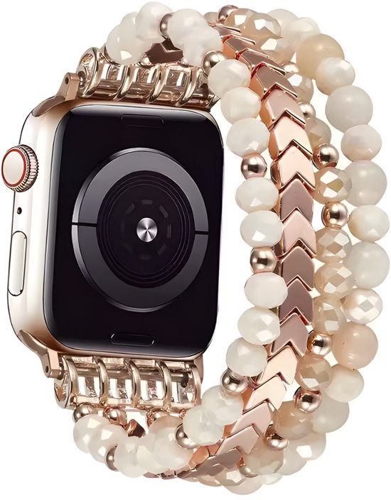 Roségouden Apple Watch bandje met off-white parels, gouden pijl-vormige kralen en metalen kralen.