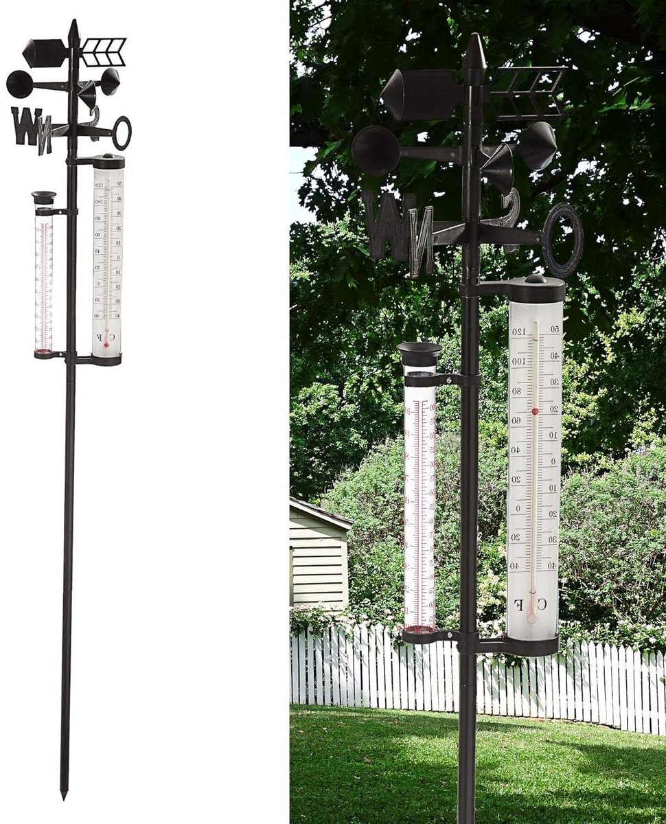 Weerstation Buitenshuis - Tuinweerstation Barometer - Weersvoorspelling Tuin - Meerdere Functies - 150 cm - Zwart