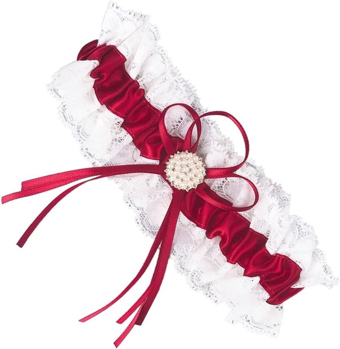 Elegante Bruids Garter van Kanten met Parels en Strass - Satijnen Band met Strik voor Bruid en Bruidsmeisjes - Perfecte Accessoire voor de Trouwerij