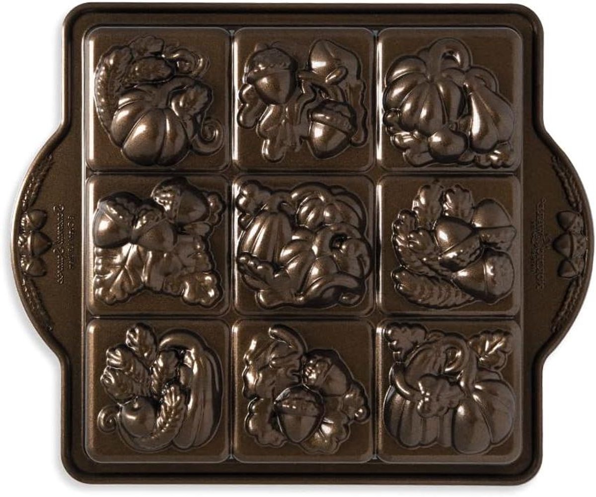 Taartvorm Vierkant - Bakvorm Herfst - Decoratief Bakken - Gegoten Aluminium - 8 Koppen - Brons