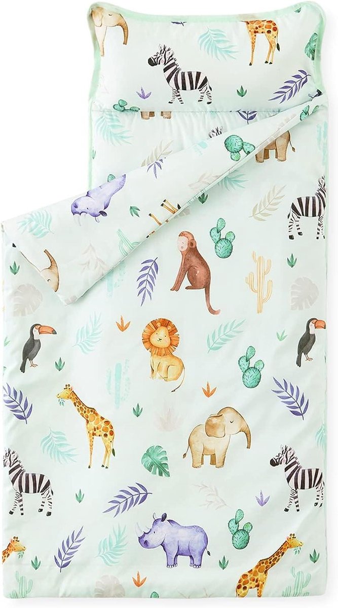 Peuter Slaapmat - Kinder dutjeszak - Logeren en kinderopvang - Dierenprint ontwerp - 127 x 50.8 cm - Lichtgroen