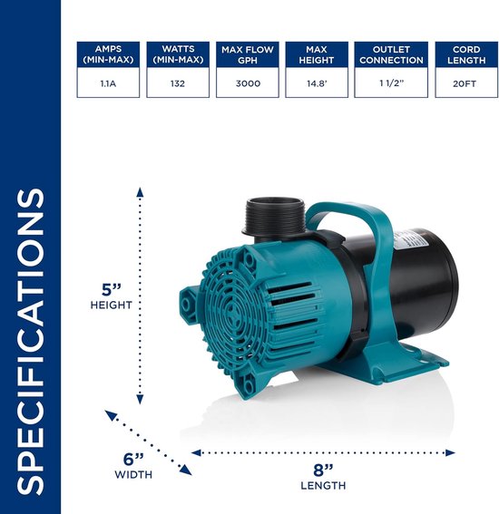 Alpine Corporation 3000 GPH Vortex energiebesparende pomp voor vijvers, fonteinen, watervallen en watercirculatie — afbeelding 4